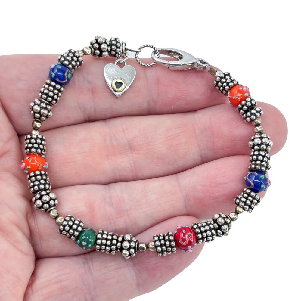 Vintage Mexico Sterling Silver 925 Multi Color Lampwork Bead Bracelet 8"